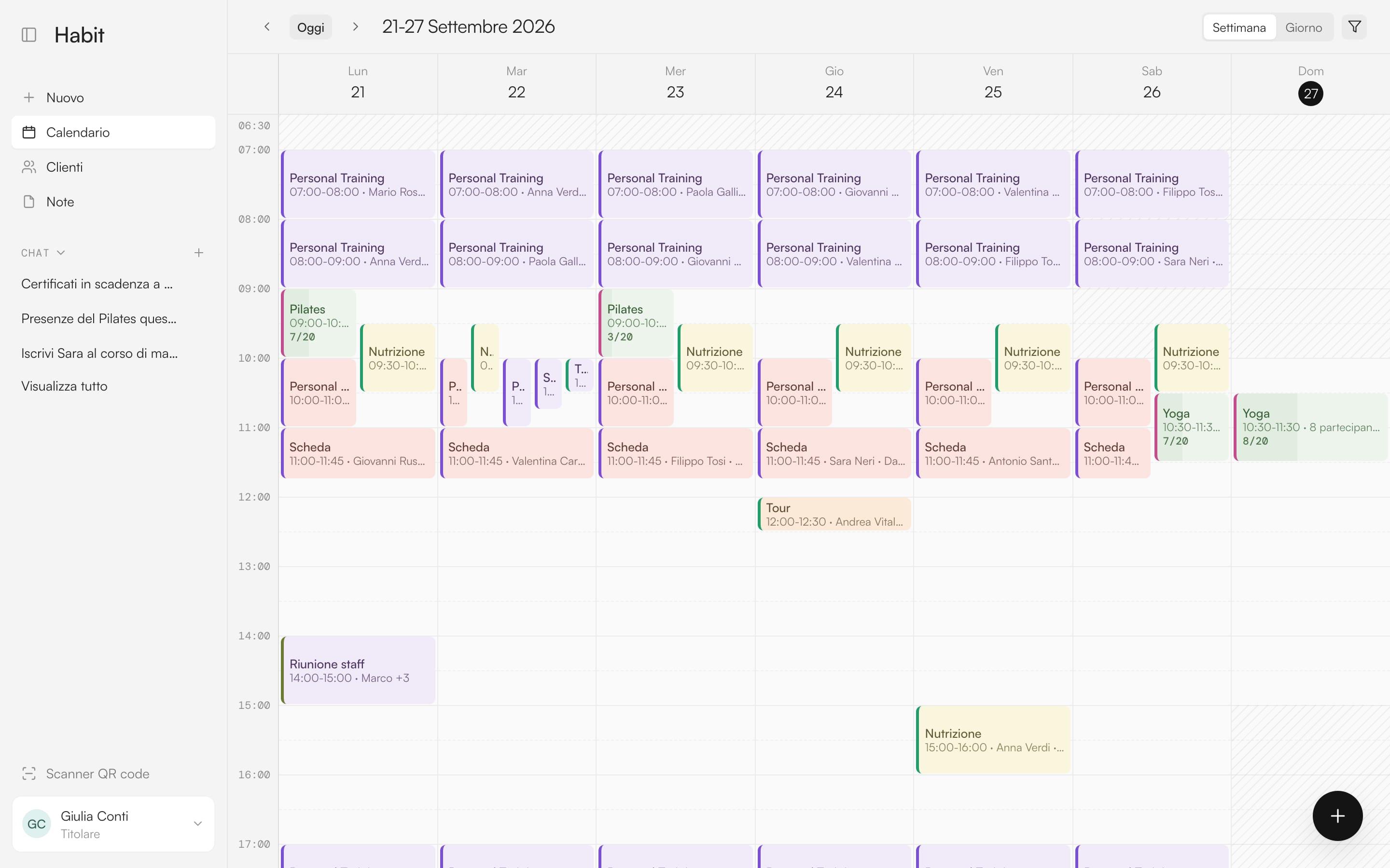 L'agenda settimanale di Habit con corsi, personal training e turni dello staff