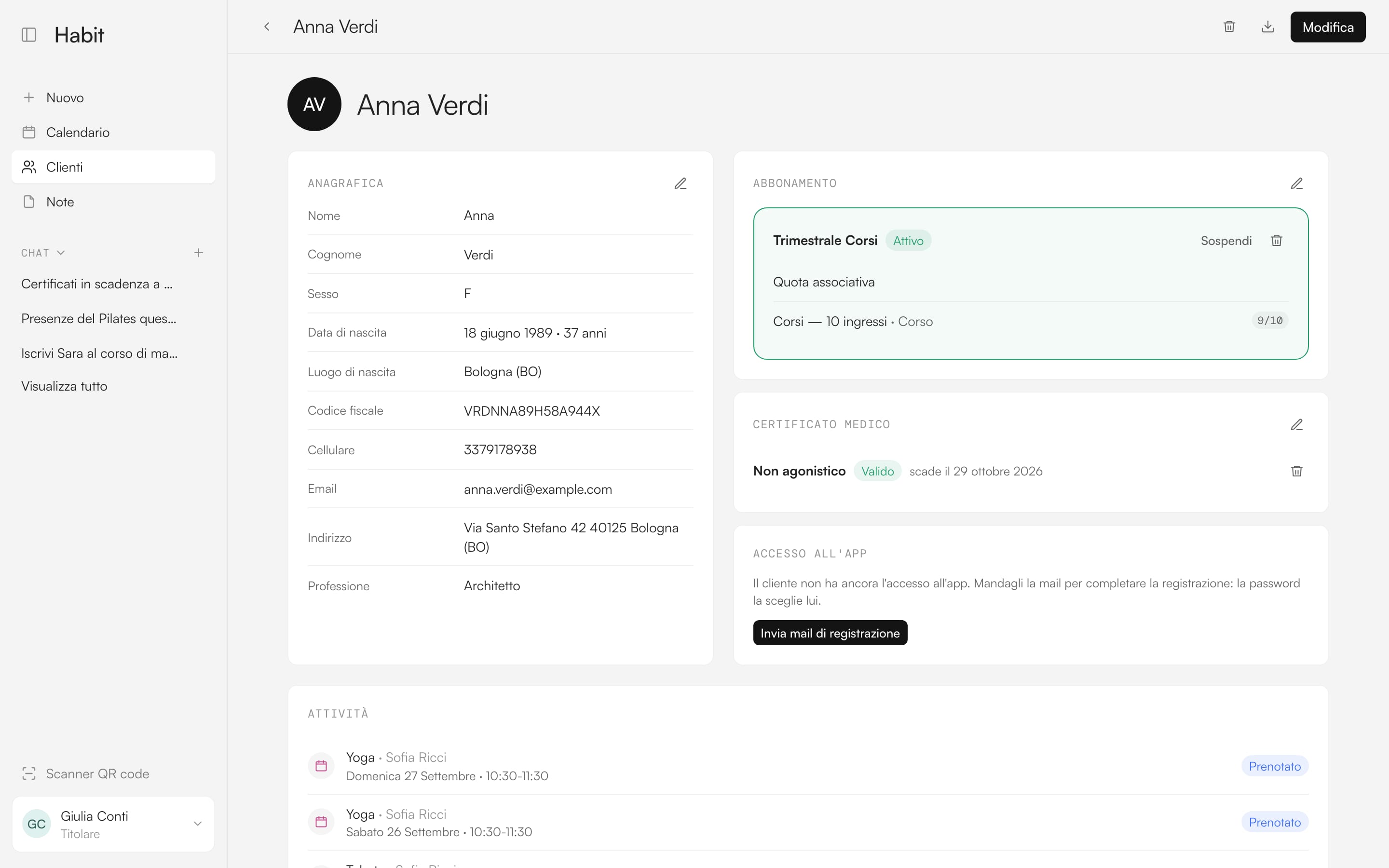 La scheda cliente di Habit: abbonamento attivo, accessi contati e certificato valido