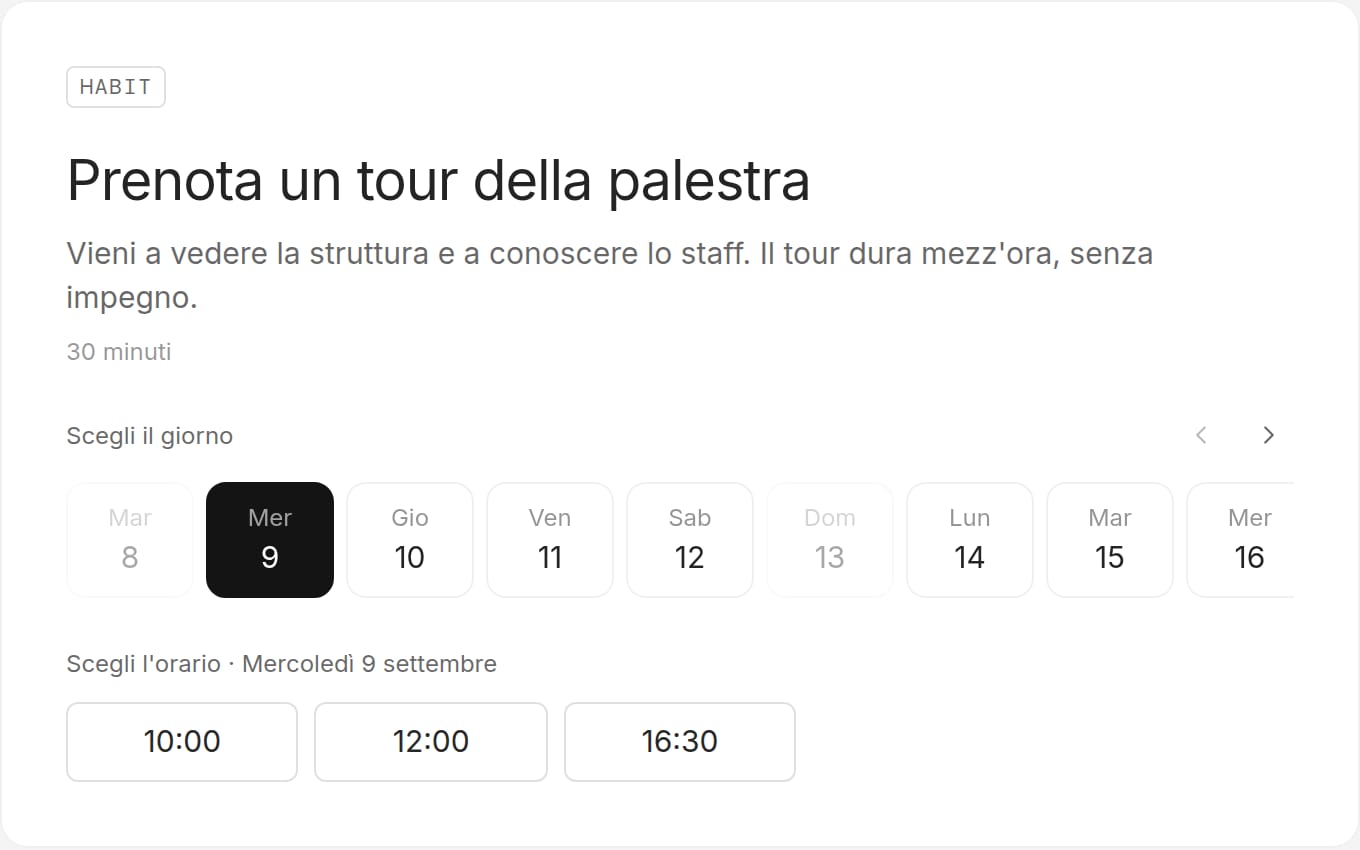 Pagina pubblica di prenotazione con i giorni e gli orari disponibili