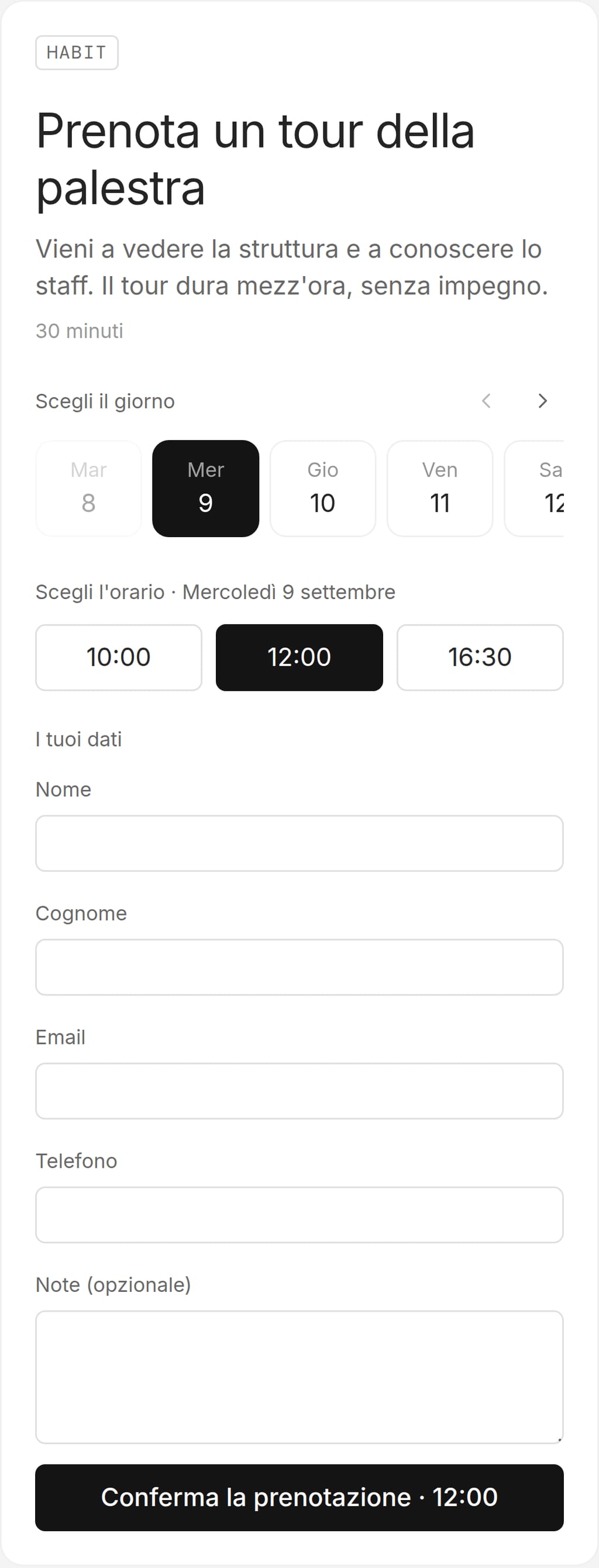 La stessa pagina di prenotazione vista dal telefono