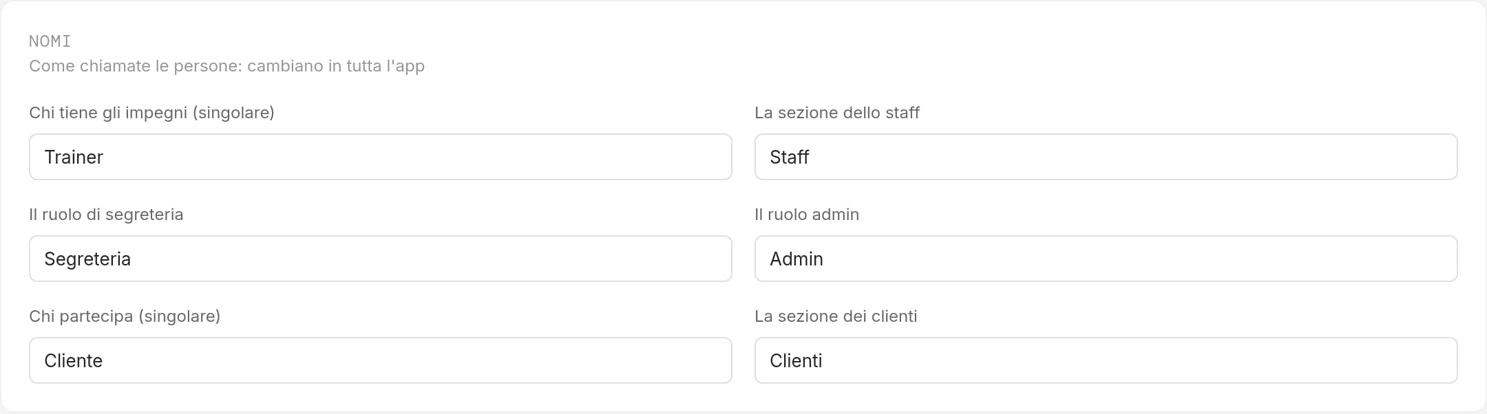 Le impostazioni dei nomi in Habit: trainer, socio e corso si rinominano dalle impostazioni
