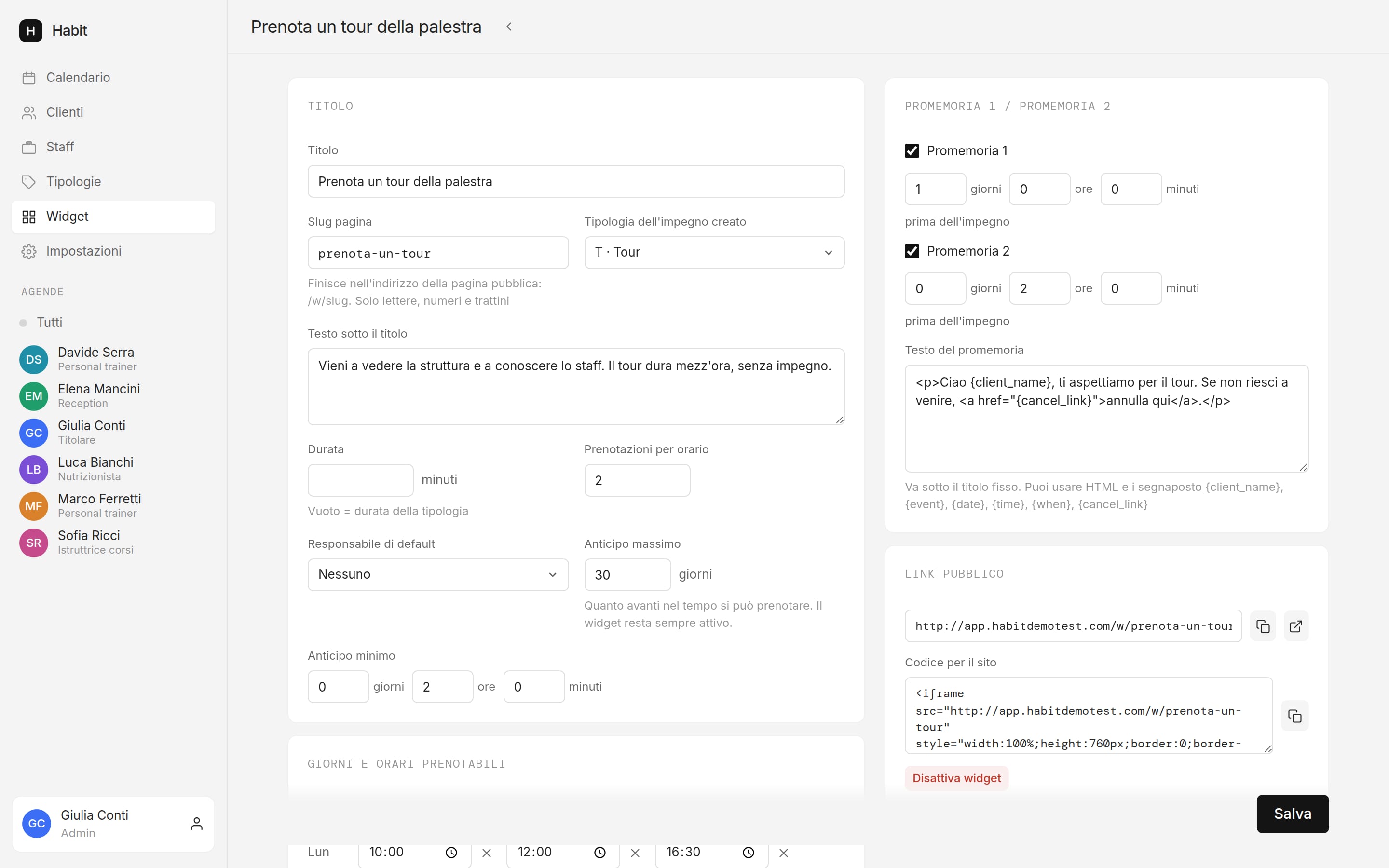 L'editor del widget con il link pubblico e il codice iframe da incollare nel sito