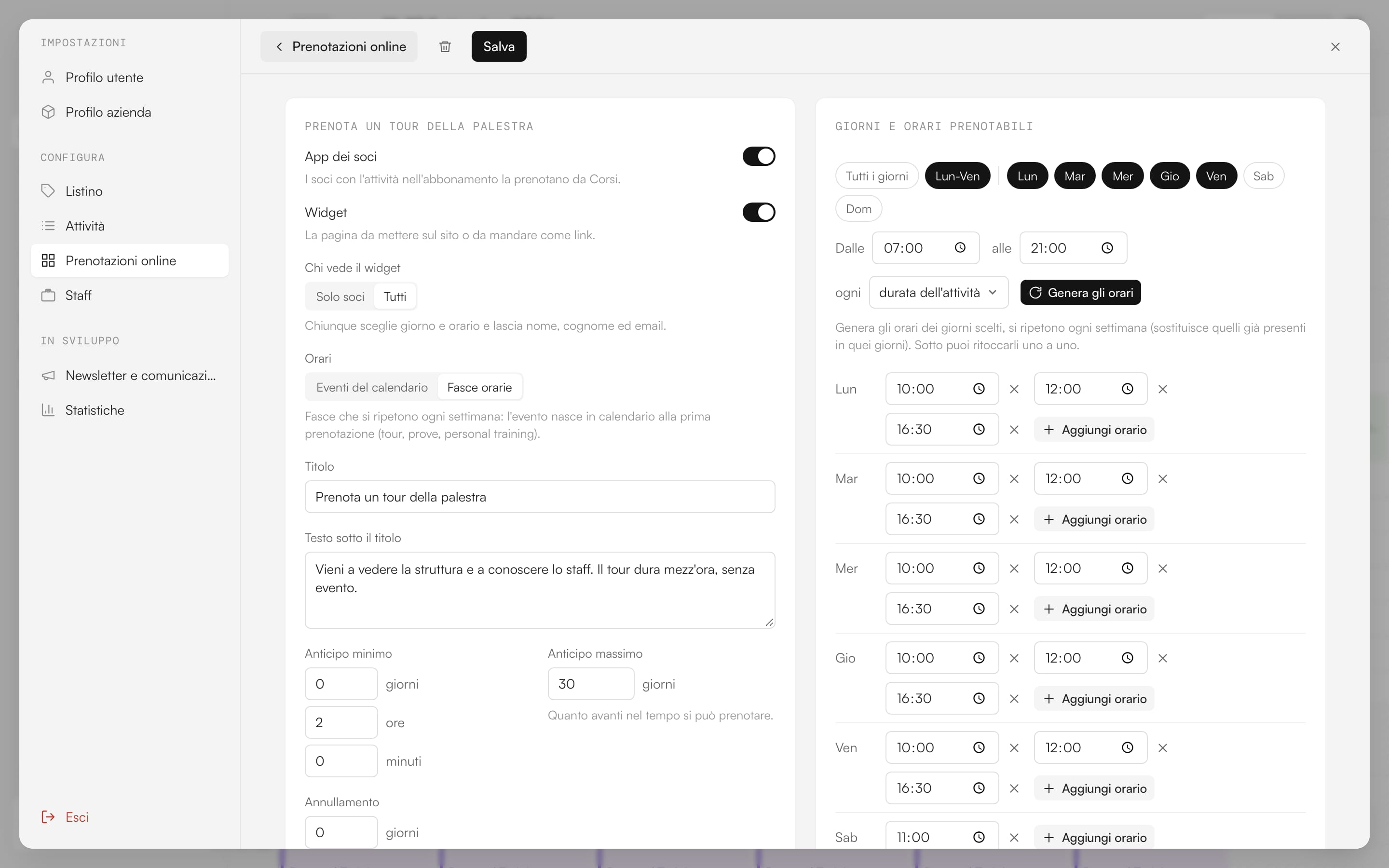 L'editor della prenotazione online: interruttori App e Sito, giorni e orari prenotabili