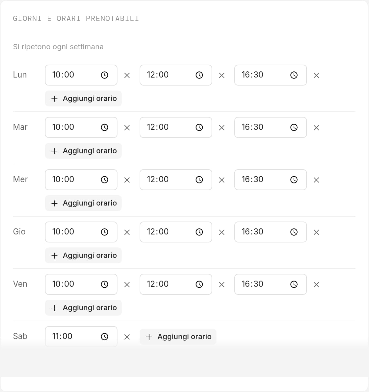 Giorni e orari prenotabili di un widget, ripetuti ogni settimana