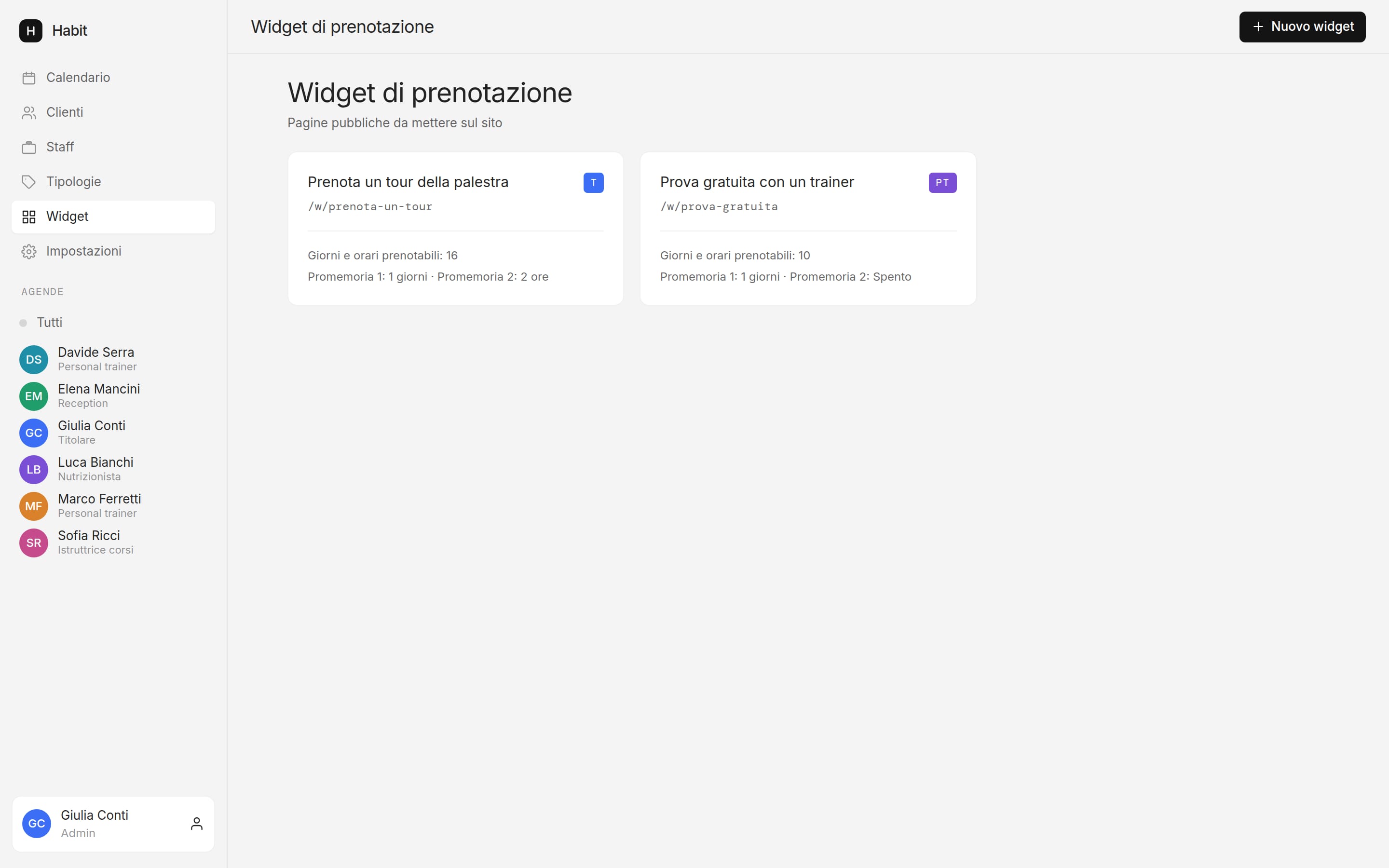 I due widget di prenotazione di una palestra: tour e prova gratuita